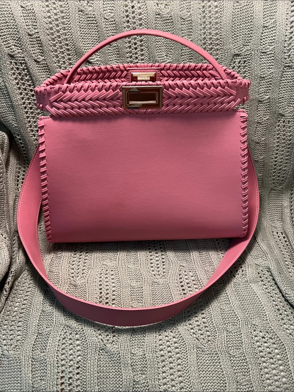 New pink bag with strap and matching wallet.